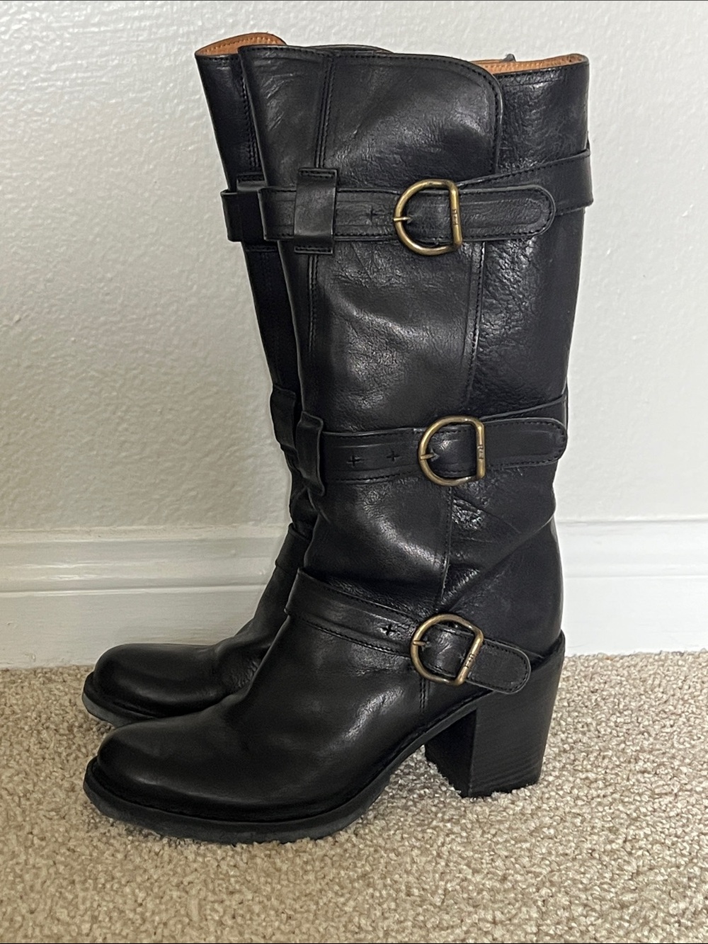 FIORENTINI + BAKER Lety Black Leather Mid-Calf Black Moto Boots - Size 38.5